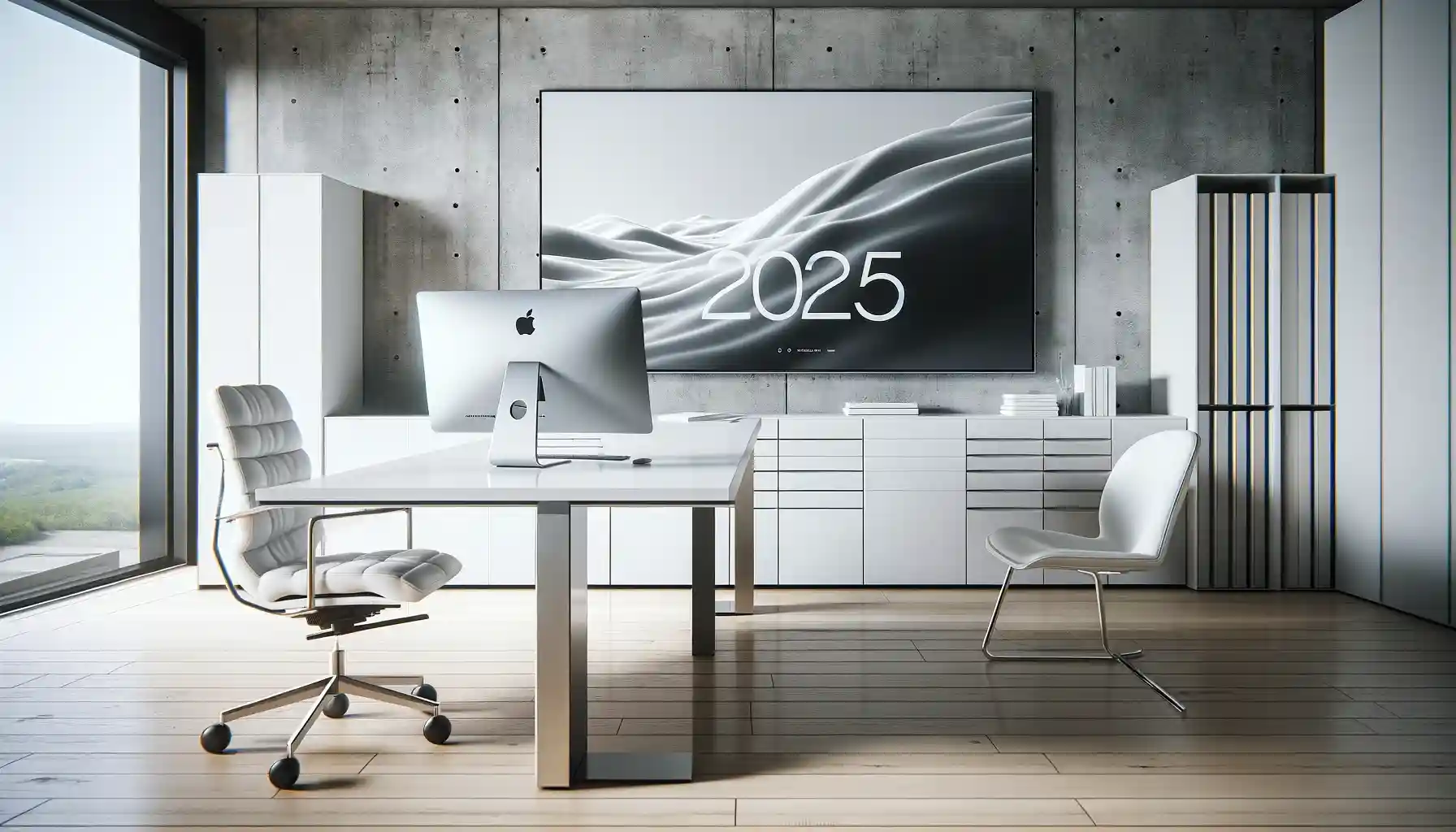 Modern eingerichteter Arbeitsplatz mit iMac und minimalistischem Design vor Betonwand