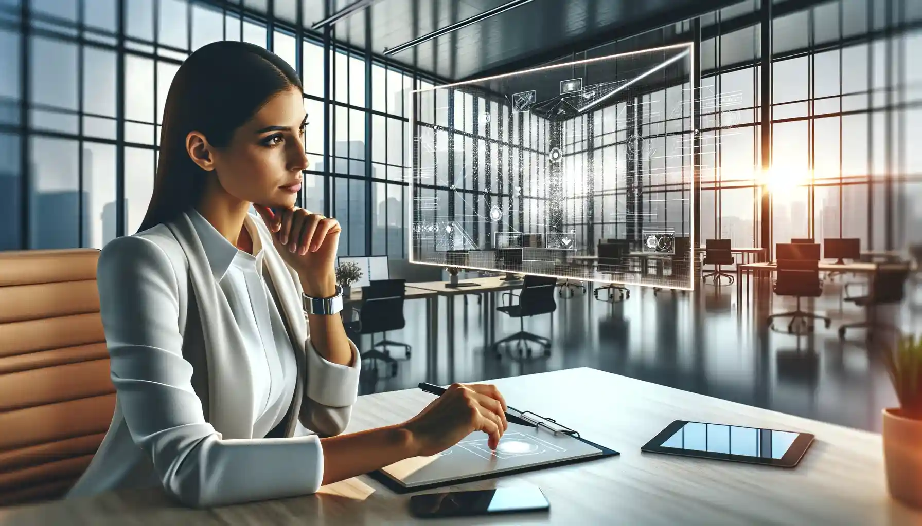 Nachdenkliche Geschäftsfrau mit digitalem Tablet im modernen Büro bei Sonnenuntergang