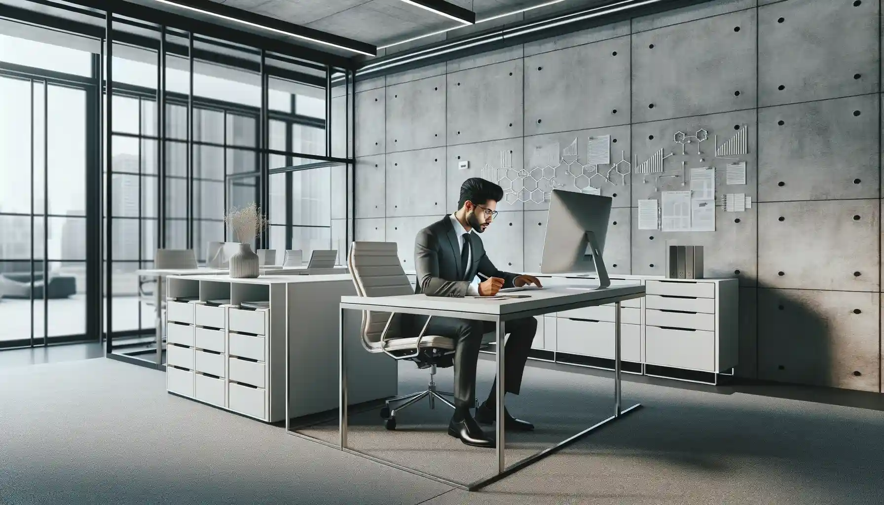 Geschäftsmann analysiert Dokumente am Schreibtisch im modernen Büro