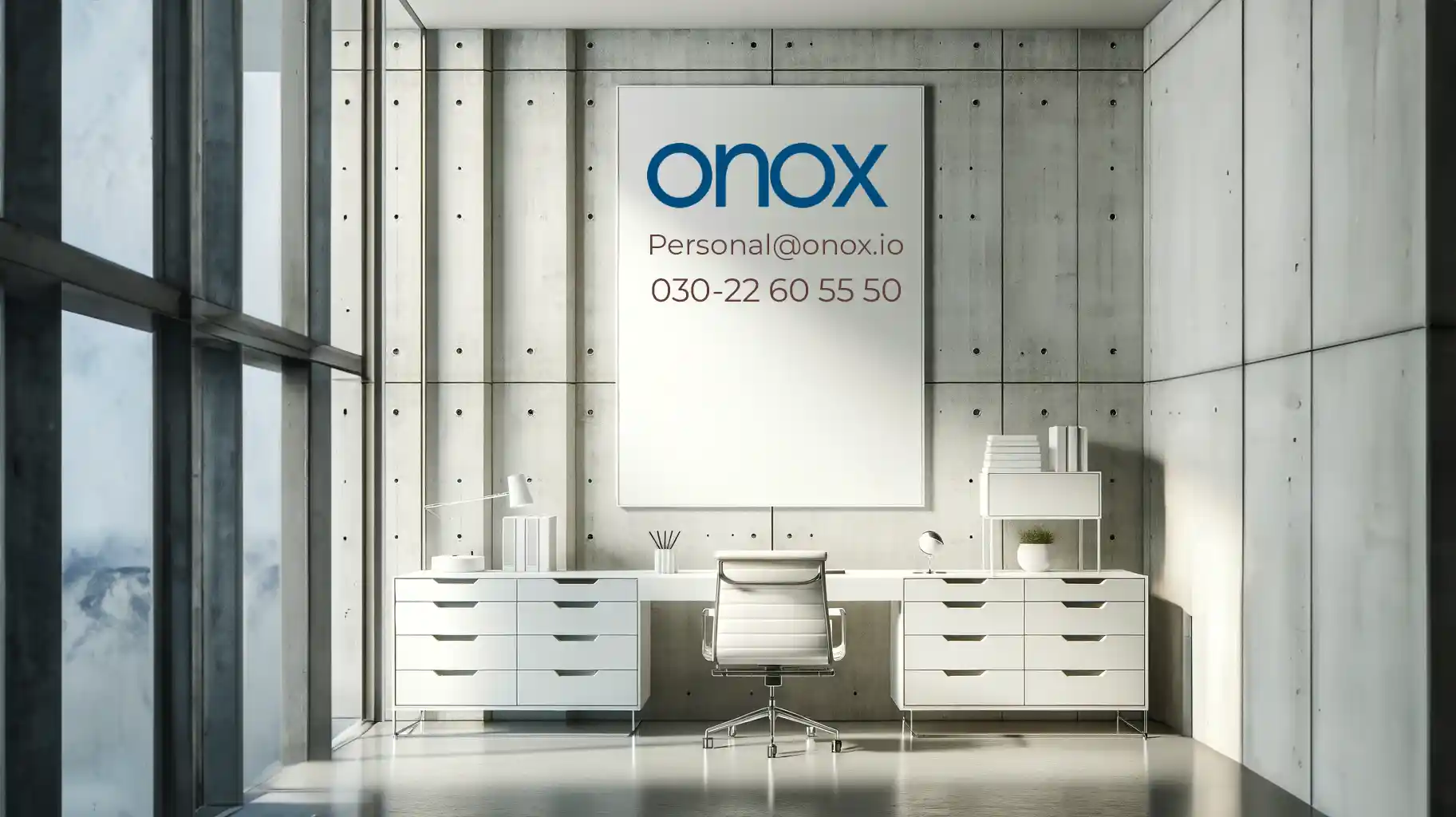 Modernes Büro mit dem Firmenlogo von ONOX GmbH und Kontaktinformationen an der Wand
