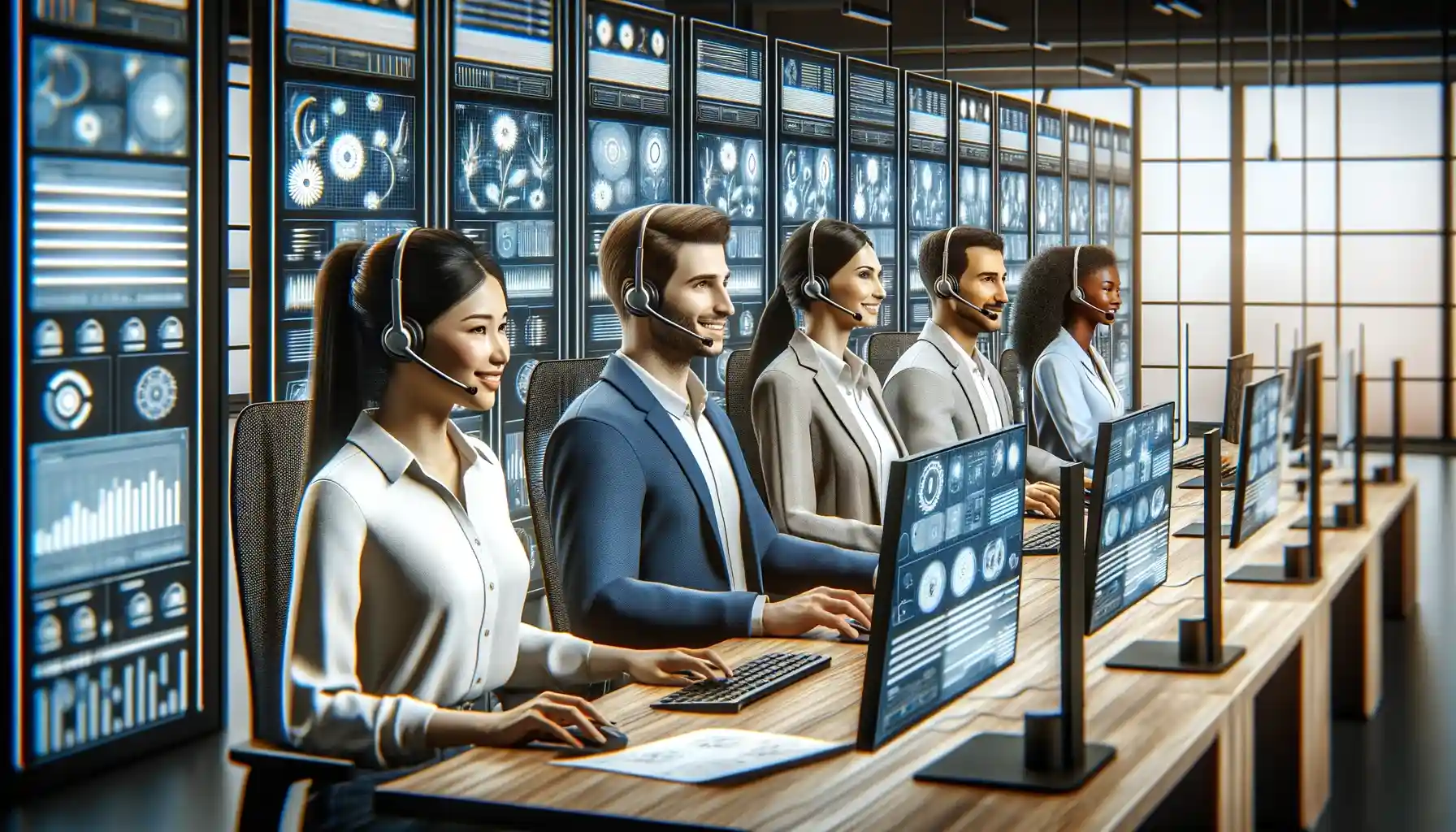 Kundendienstmitarbeiter arbeiten an Computern in einem hochtechnologischen Überwachungszentrum