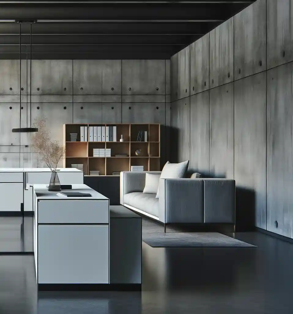 Minimalistische Lounge-Ecke mit modernen Möbeln und Betonwand