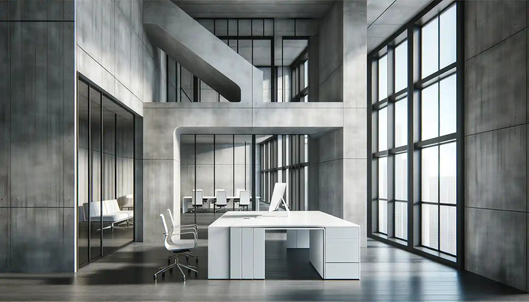 Hochmodernes Bürodesign mit offenen Räumen und Betonstrukturen