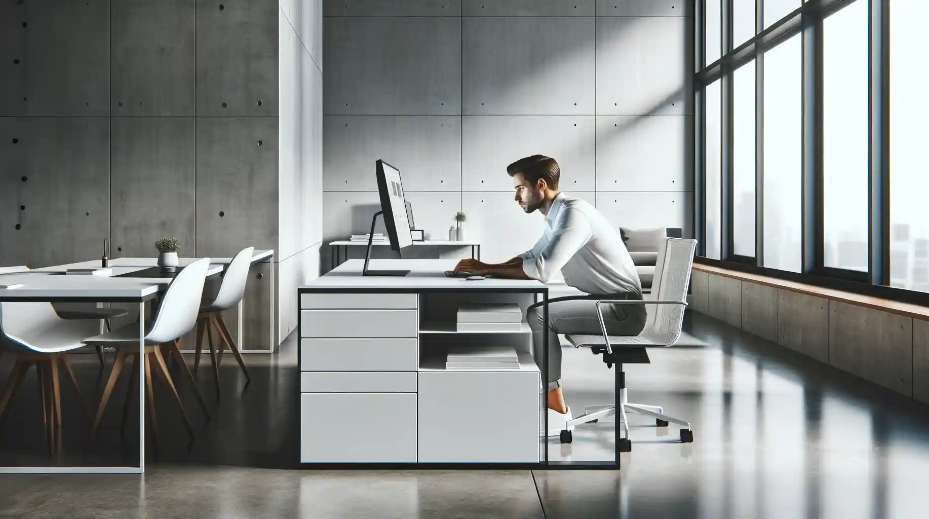 Mann arbeitet konzentriert an einem modernen Schreibtisch im minimalistischen Bür