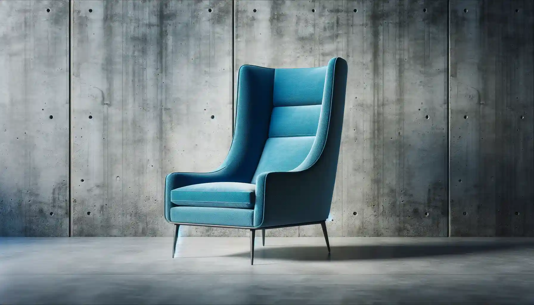 Moderner blauer Sessel vor grauer Betonwand