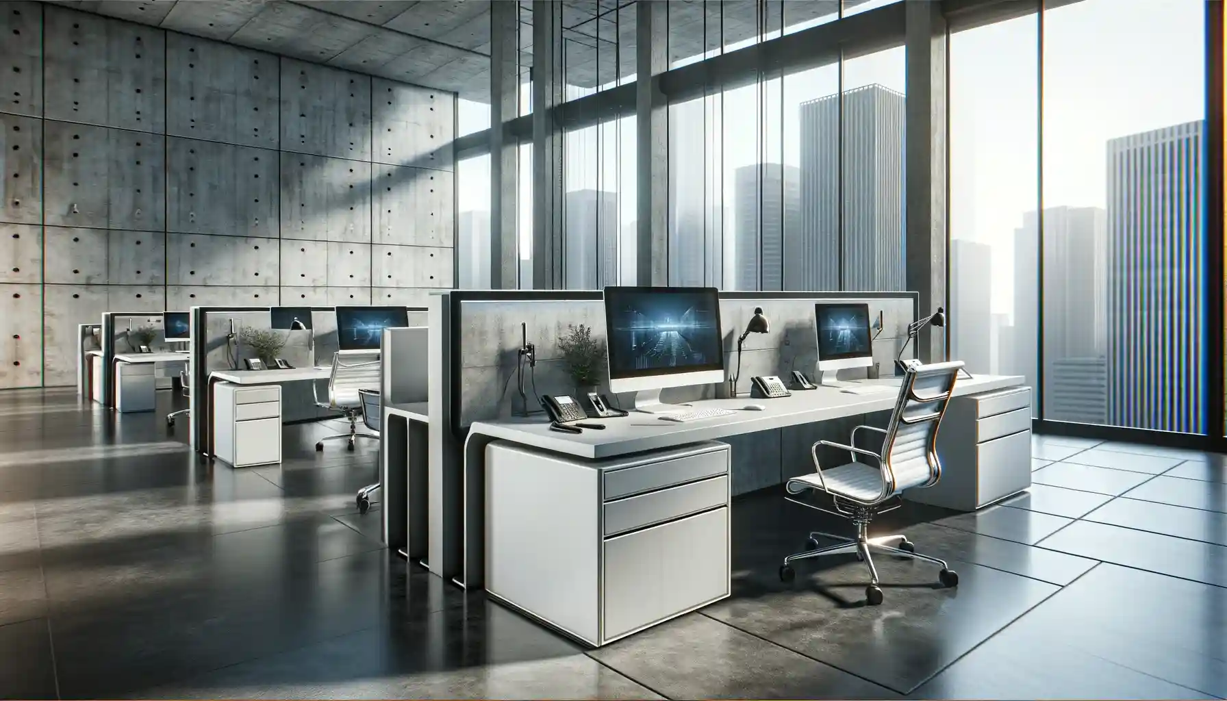 Moderne Büroarbeitsplätze mit Blick auf die Skyline der Stadt