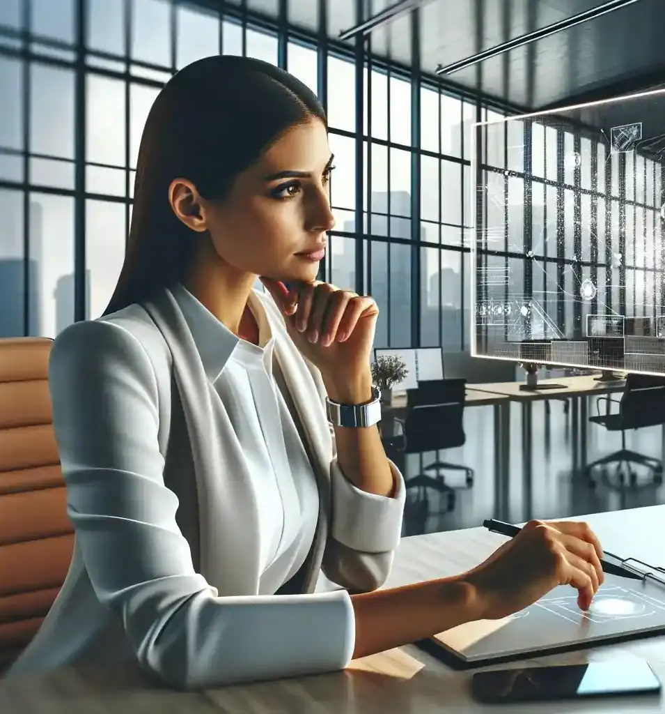 Nachdenkliche Geschäftsfrau mit digitalem Tablet im modernen Büro bei Sonnenuntergang