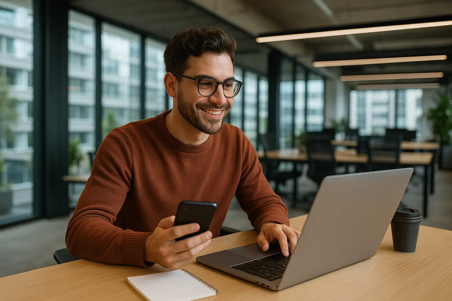 Online Marketing Manager Service Assistenz im Autohaus steht bereit, um Kunden zu begrüßen.