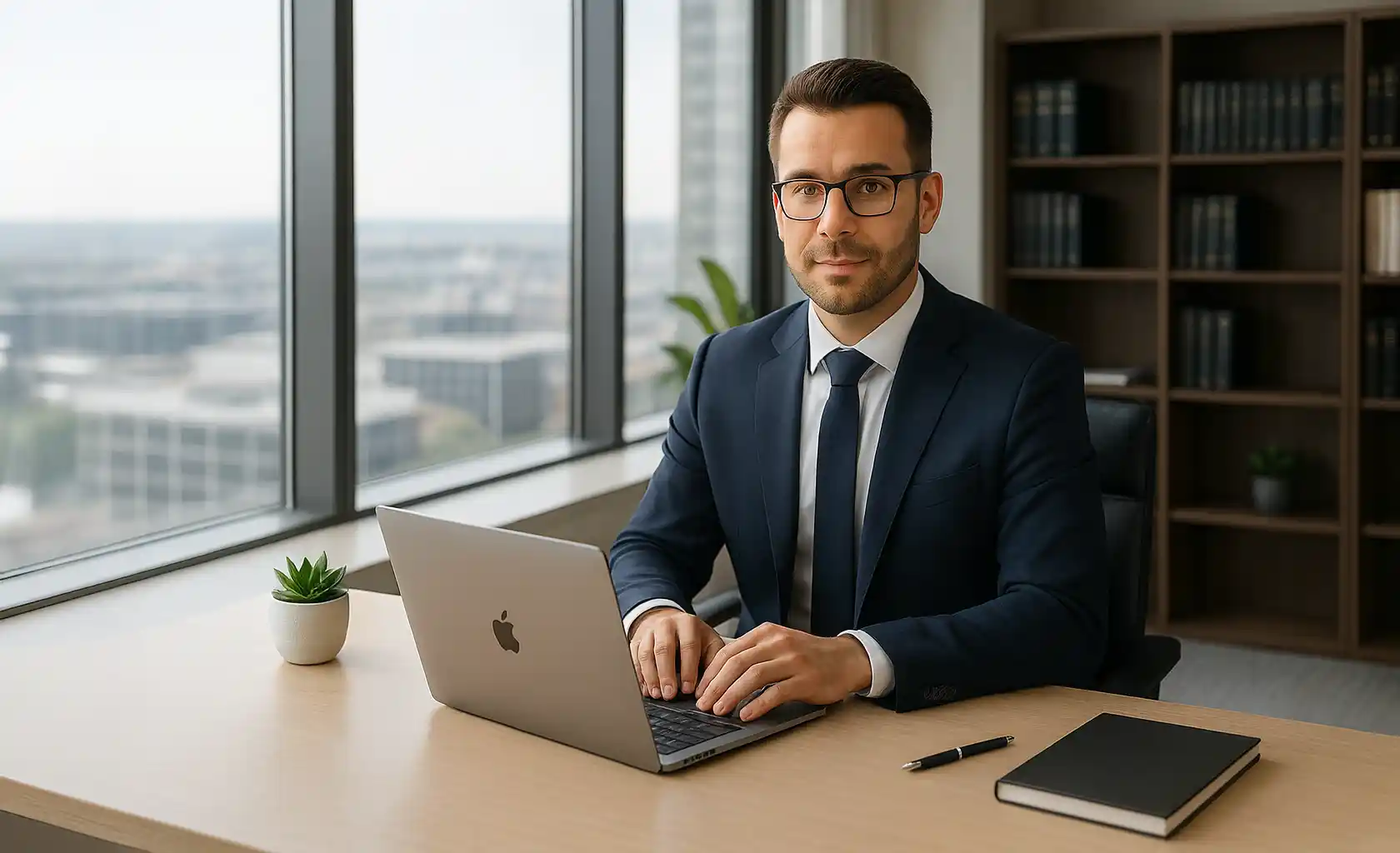 onox_personalvermittlung_berlin_steuerberater Ein Mann, ein Steuerberater sitzt mit einem Laptop an einem Schreibtisch