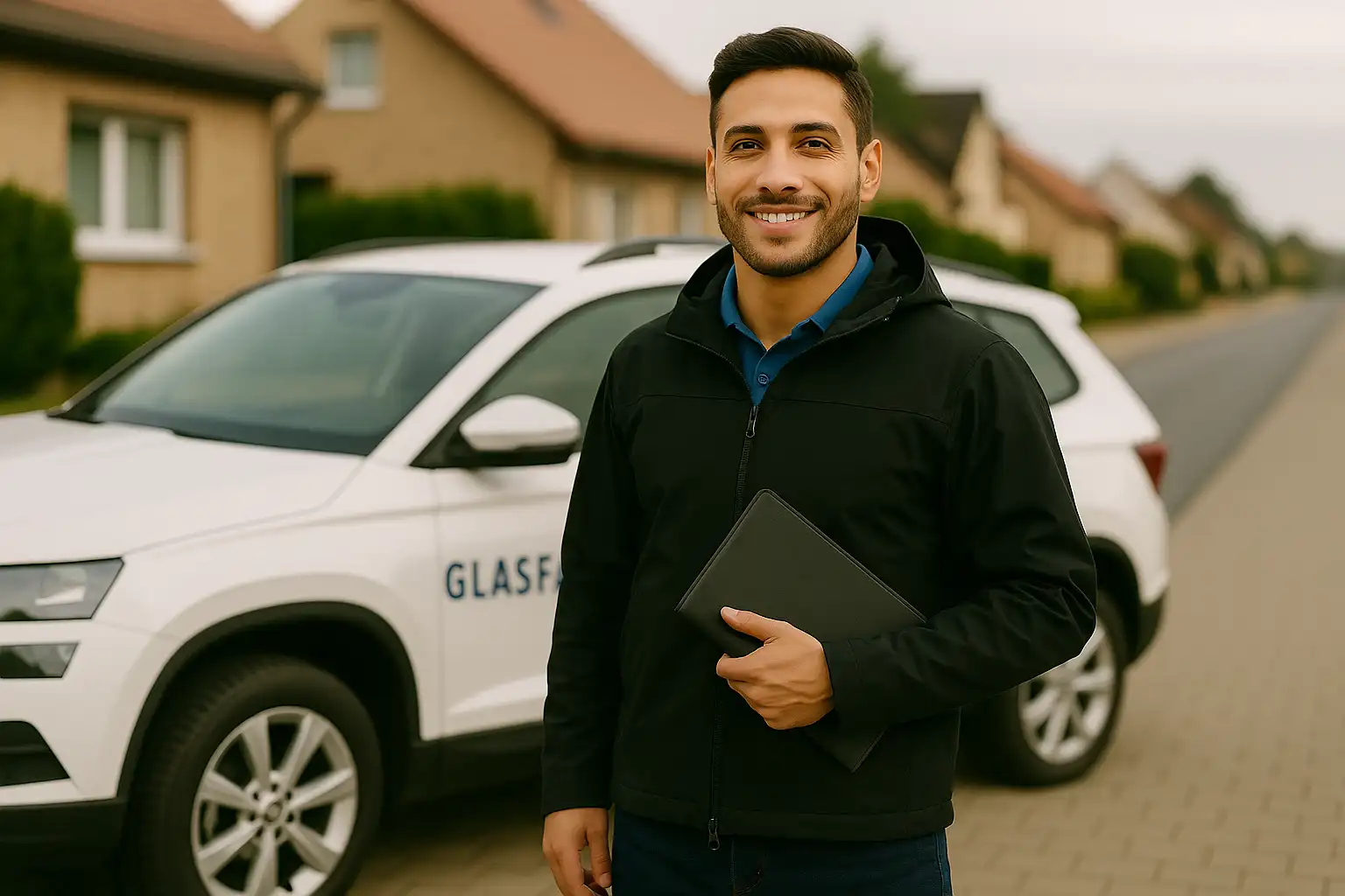 Vertriebsmitarbeiter im Glasfaser-Außendienst steht vor einem Firmenfahrzeug und hält ein Tablet in der Hand.