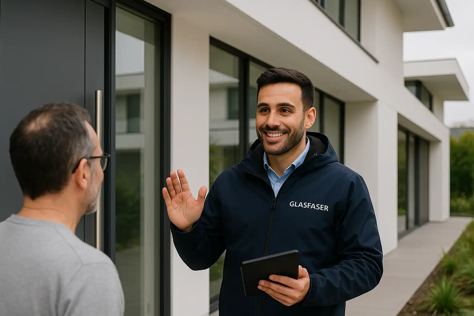 Vertriebsmitarbeiter im Glasfaser-Außendienst steht vor einem Firmenfahrzeug und hält ein Tablet in der Hand.