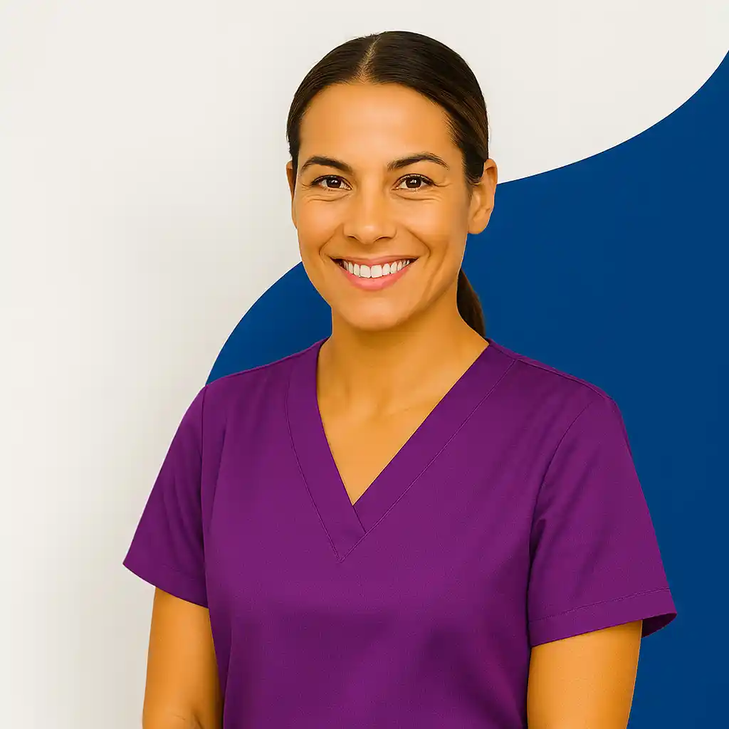 Porträt einer lächelnden Pflegefachkraft in violetter Arbeitskleidung vor modernem Hintergrund.