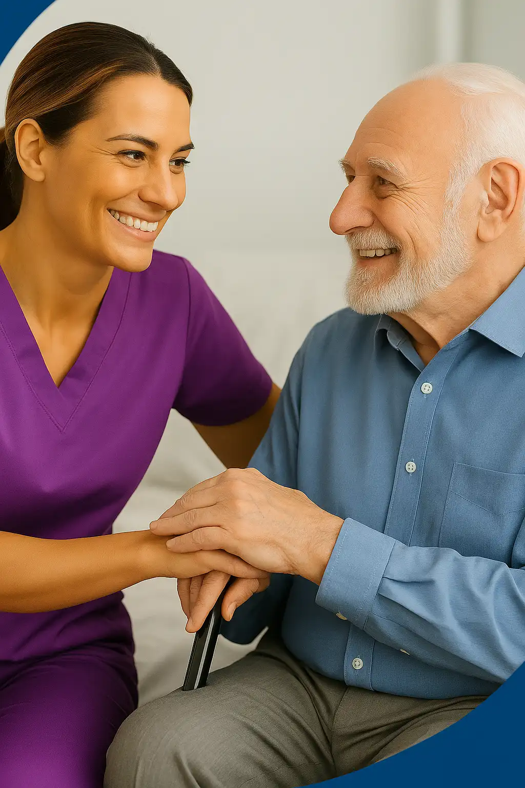 Pflegefachkraft hält lächelnd die Hand eines älteren Mannes und führt ein freundliches Gespräch