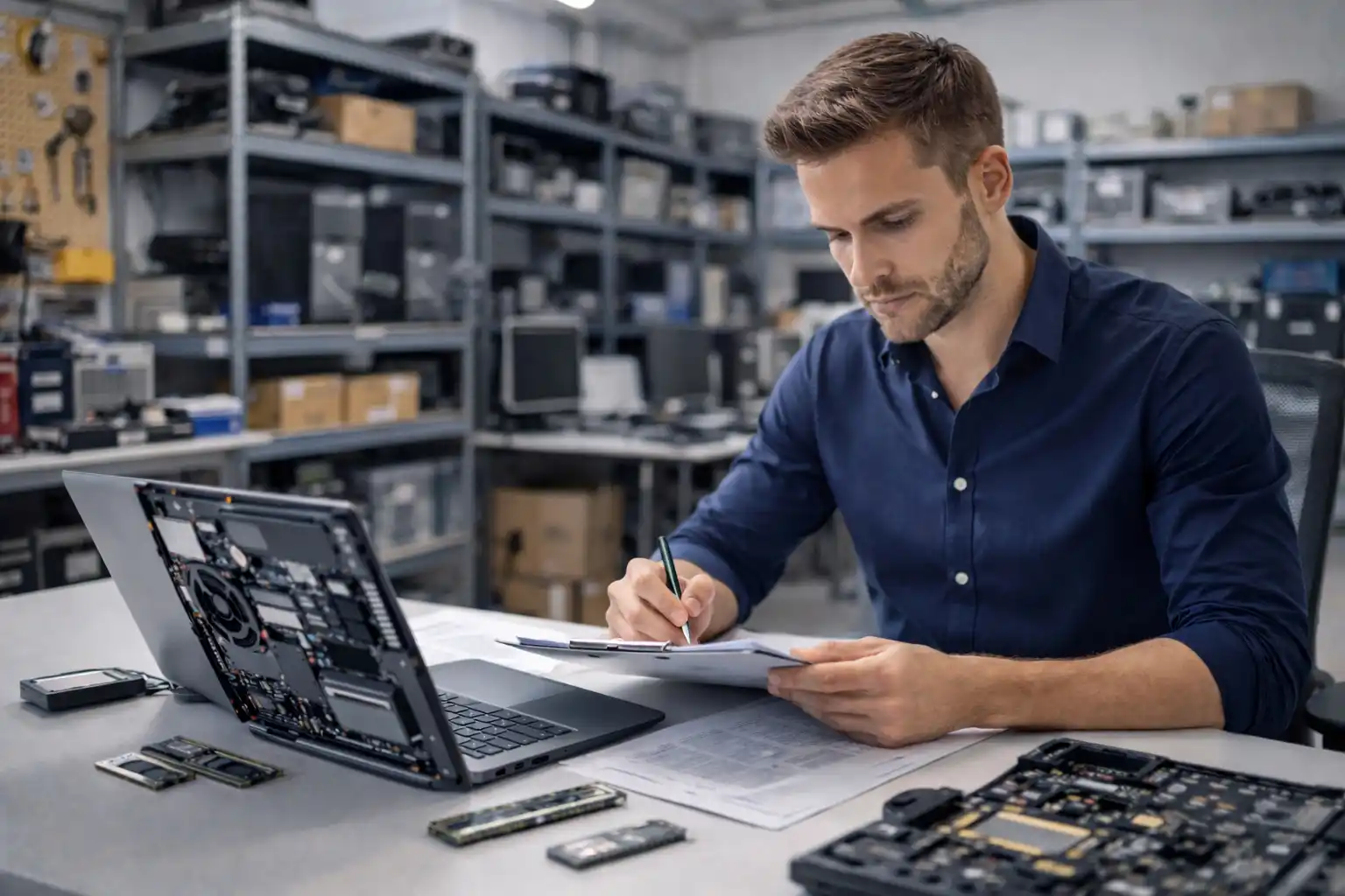 PC-Techniker arbeitet in einer Lagerwerkstatt an einem geöffneten Laptop, prüft Hardwarekomponenten und dokumentiert Arbeitsschritte an einem Werkbank-Arbeitsplatz.