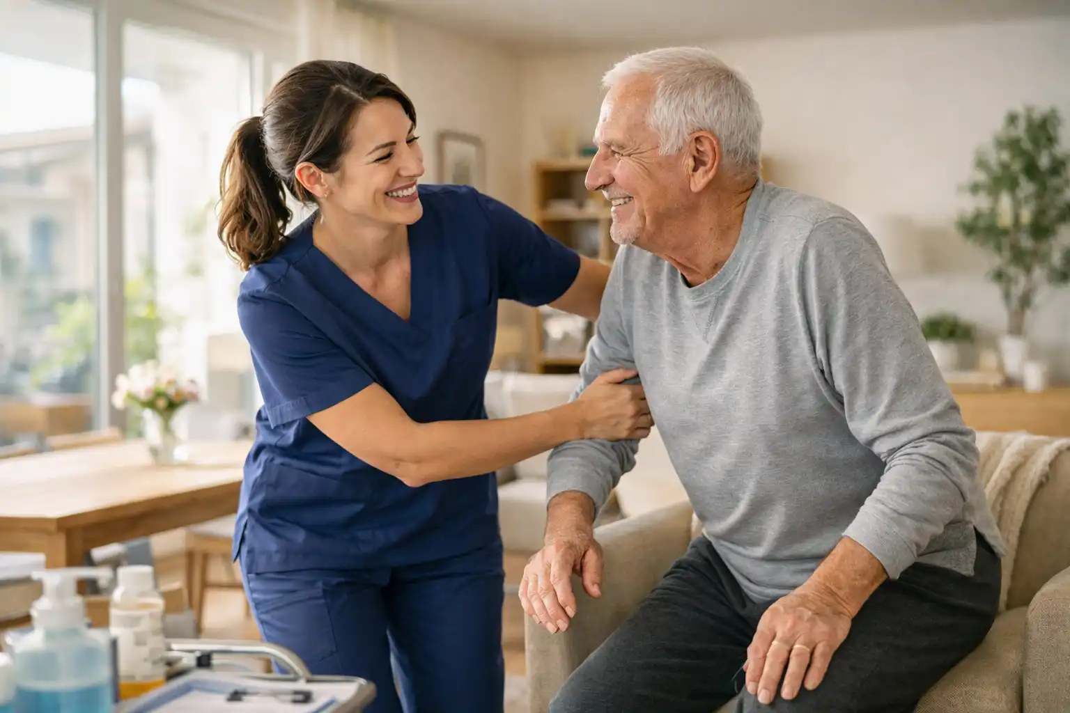 Pflegefachkraft in moderner Arbeitskleidung unterstützt einen älteren Mann beim Aufstehen in einem hellen, wohnlichen Apartment. Beide lächeln sich an. Die Situation wirkt ruhig, respektvoll und empathisch. Natürliches Tageslicht und eine gepflegte Umgebung vermitteln Sicherheit, Menschlichkeit und professionelle häusliche Pflege.