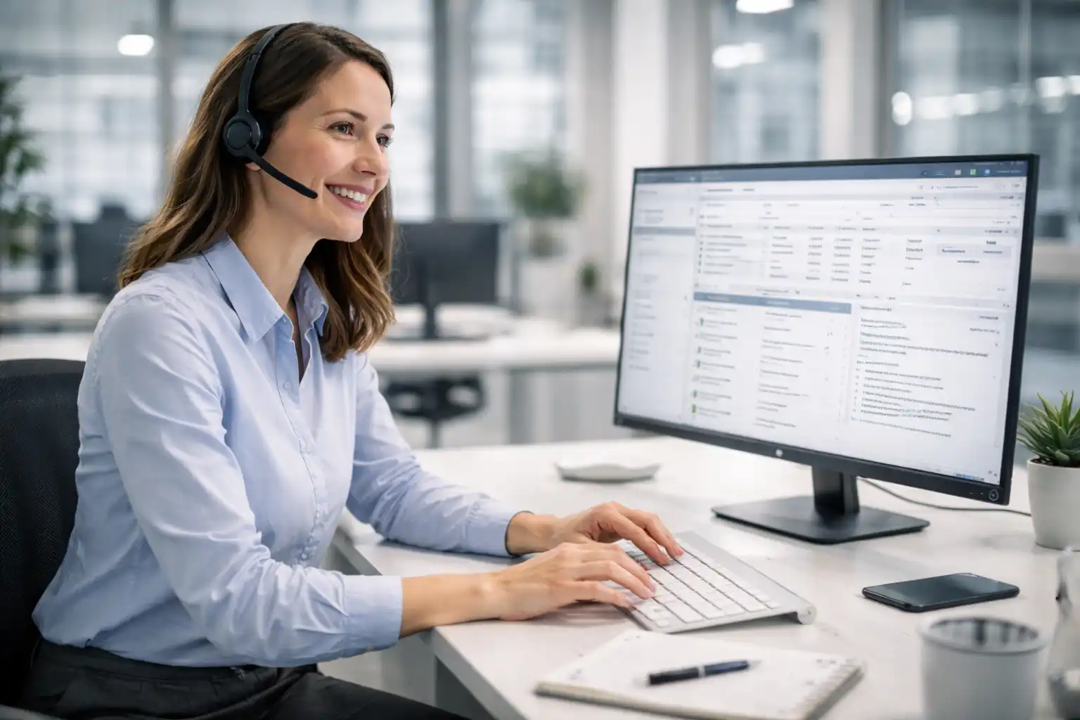 Call Center Agentin sitzt an einem weißen, modernen Schreibtisch, telefoniert mit Headset und arbeitet parallel am Computer mit geöffnetem CRM-System in einem hellen Büro.