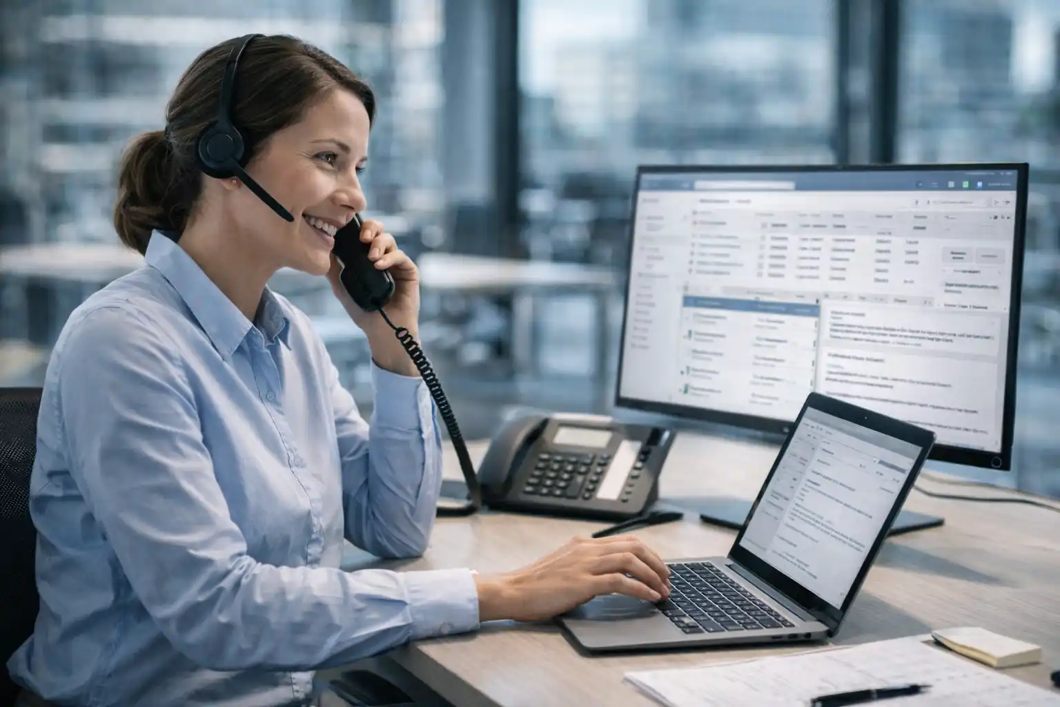 Mitarbeiterin im Vertriebsinnendienst telefoniert mit einem Geschäftskunden und bearbeitet parallel Bestellungen am Laptop, während auf dem Monitor ein CRM-System geöffnet ist.