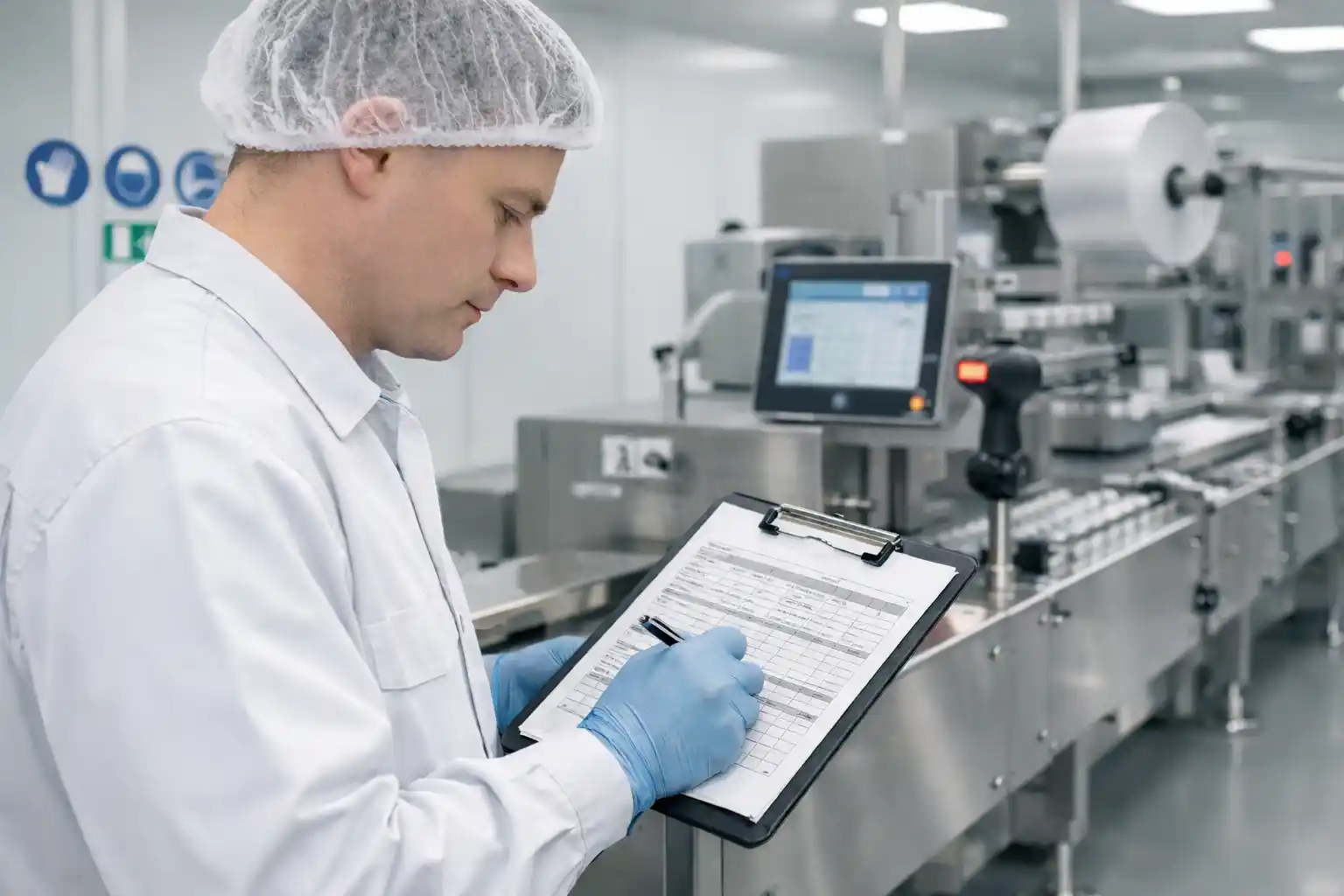 Mitarbeiter in weißer Reinraum-Arbeitskleidung dokumentiert GMP-Daten an einer Tabletten-Verpackungslinie in einer pharmazeutischen Produktion.