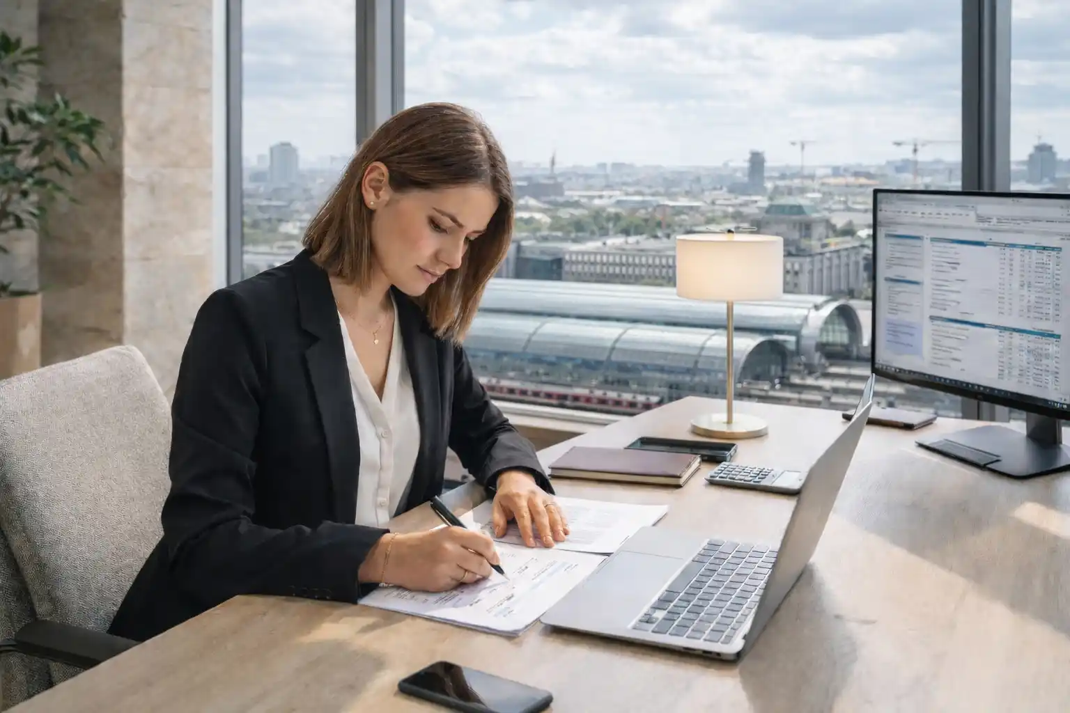 Steuerfachangestellte arbeitet an steuerlichen Unterlagen in einer modernen Kanzlei mit Blick aus dem Fenster