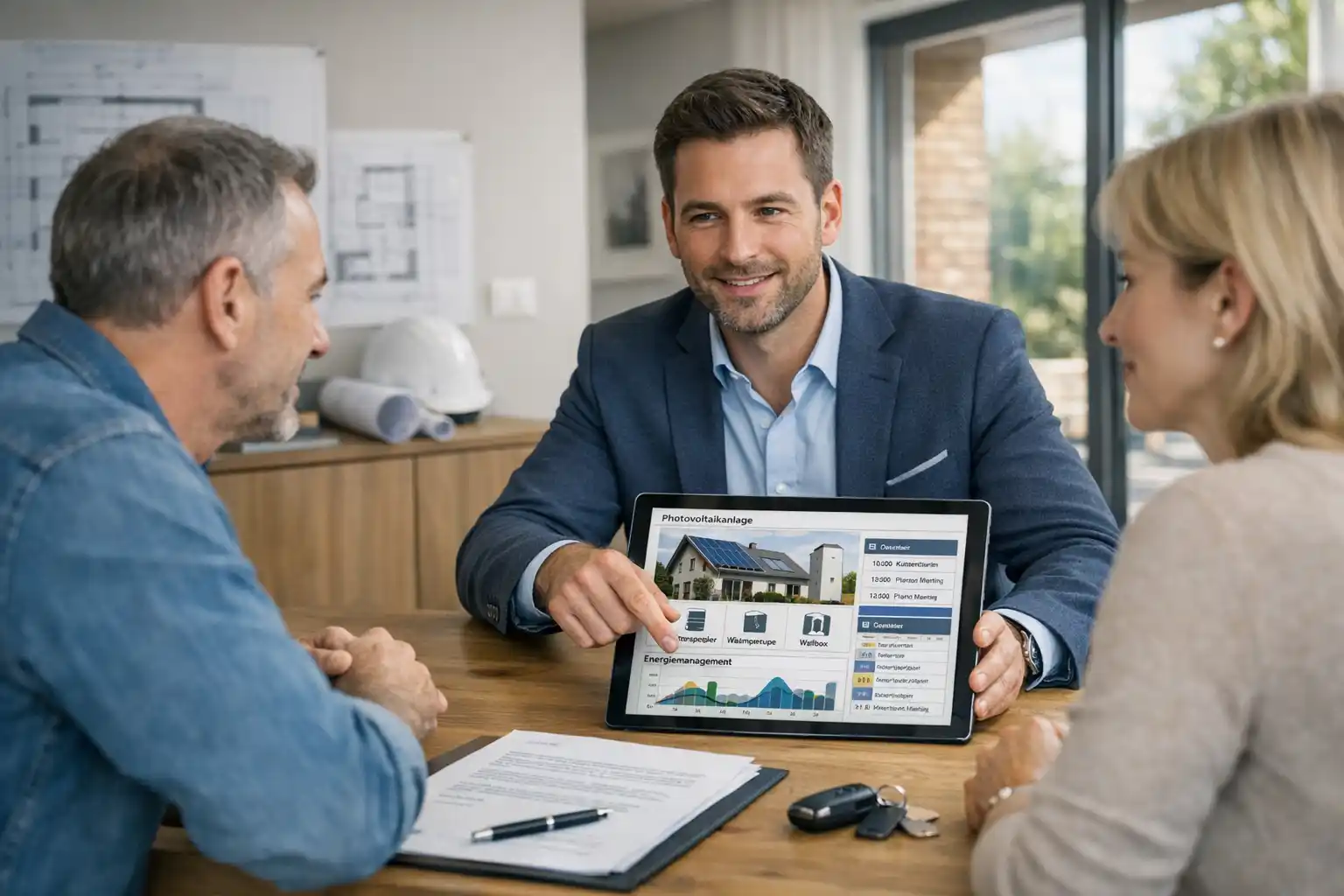 Moderner Sales Manager für erneuerbare Energien berät ein Kundenpaar in einem hellen Einfamilienhaus. Er zeigt auf einem Tablet Photovoltaik, Stromspeicher, Wärmepumpe, Wallbox und Energiemanagement. Handschlag und Vertrag symbolisieren den erfolgreichen Abschluss, Baupläne und Laptop stehen für strukturierte Projektplanung.